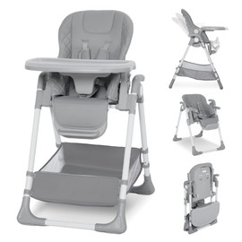 Kinder King Convertible Baby High Chair, Adjustable Feeding Chair for Babies and Toddlers with Removable Double Tray, Simple Compact Fold for Space-Saving, 2 Built-in Wheels, Easy to Clean, Gray