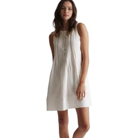 Malajisi Women's Summer Linen Scoop Neck Sleeveless Swing Tank Dress Casual Front Button Dresses with Pockets(White,XS)