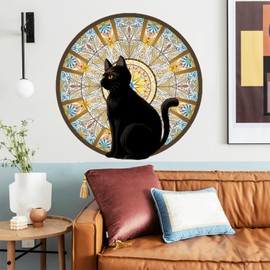 WBQMUNY Black Cat Wall Decals,Mandala Wall Decal Boho Mandala Wall Sticker,Cat Wall Stickers for Bedroom Living Room (ATW8019)