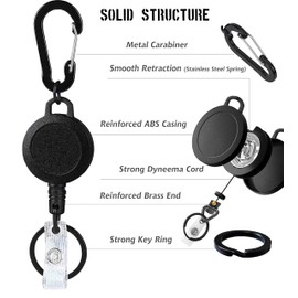 2 Pack Heavy Duty Retractable ID Badge Holder Reels with Carabiner Key Chain, 28 in Dyneema Cord. Reinforced ID Strap Key Ring 7OZ Rebound