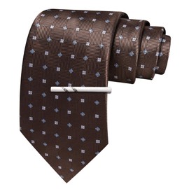 Barry.Wang Brown Ties for Men Silk Plaid Necktie and Tie Clip Polka Dot Tie for Wedding Party Business Formal