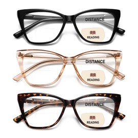PUBOWT Bifocal Reading Glasses Women Oversized Blue Light Blocking Cat Eye Computer Readers Near/Far Dual-use Spring Hinge Large Stylish Invisible Eyeglasses 3 Pack +3.0 Strength