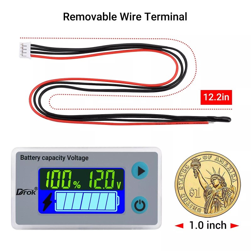 DROK 12V Battery Capacity Monitor, 10-100V 24V 36V 48V Digital