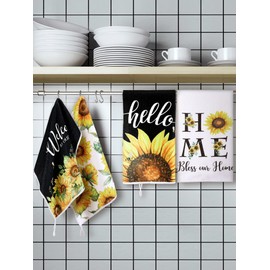 Bencailor 4 Pcs Sunflower Kitchen Towels Summer Fall Flower Floral Sea Beach Lemon Hand Dish Towels Fast Drying Decor Housewarming Gift for Cooking Kitchen Bathroom(Black,Bless)