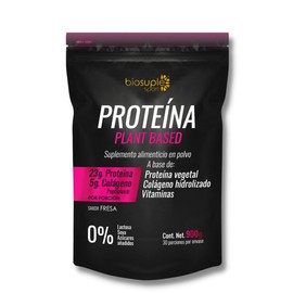 BIOSUPL  Protena Vegetal adicionada con Colgeno Hidrolizado,Magnesio y Vitaminas, Sabor Fresa, 900 g.- Suplemento Alimenticio.                        