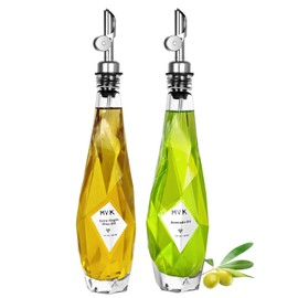 Olive Oil Dispenser Bottle for Kitchen, 11.8 oz/ 350 ml Cooking Oil Dispenser, Oil and Vinegar Dispenser Bottle Set, Glass Oil Container with Pourer spouts, Labels, Caps, Funnel, Diamond-Shaped