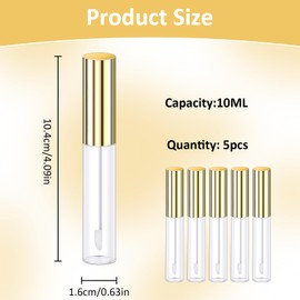 Molain 5PCS Empty Lip Gloss Tubes, 10ml Refillable Cosmetic Containers Bottles Lip Balm Bottles with Wand Concealer for Lipstick Samples, Lip Balms(Gold tube cap)