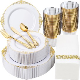 Morejoy 350PCS White and Gold Plastic Plates - Gold Plastic Dinnerware Set Include 50Dinner Plates, 50Dessert Plates 150Cutlery, 50Cups, 50Napkin Perfect for Party & Wedding & Graduation Party