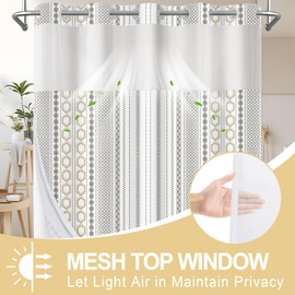 AXURXUI No Hook Shower Curtain with Snap in Liner and Sheer Window, Boho Multi-Color Striped Fabric Shower Curtain Set for Bathroom Decor, Washable and Quick Install, Beige, 71 X 74 Inches