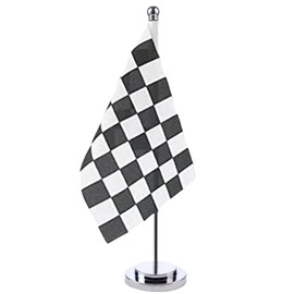Checkered Table Flag Black and White Desktop Flag Stainless Steel Stand Base Desk Race For Veteran Office Home International Conference Black White Racing Theme Party Holiday Decorations