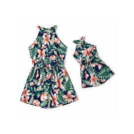 PATPAT Mommy and Me Matching Allover Flower Print Halter Neck Tank Romper One-Piece Jumpsuits Set Women M