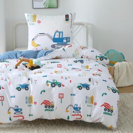 Fekohipy Bed Linen 135 x 200 cm Boys Digger Children's Bed Linen Blue 3D Print Construction Site Microfibre Children's Duvet Cover with Zip and 1 Pillowcase with Envelope 80 x 80 cm 2-Piece Children's