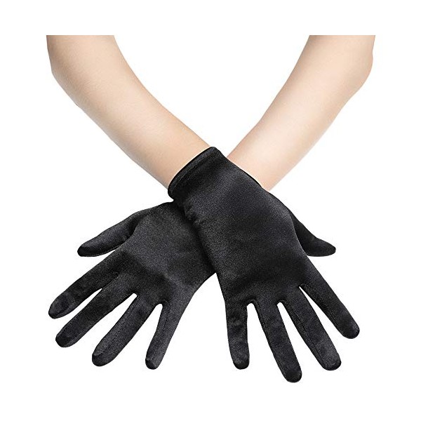 Coucoland Short Opera Gloves Satin Gloves Bridal Fancy Dress Gloves Wedding Prom Opera Gloves Wrist Length Classic Gloves (Black)(Size: One Size)