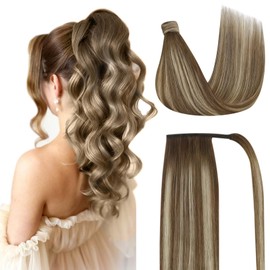 Sunny Hair Ponytail Extension Human Hair Wrap Around Ponytail Extension Straight Pony Tails Hair Extensions Clip in Ponytail Hair Extensions for Women 80G Medium Brown Balayage Blonde 16inch
