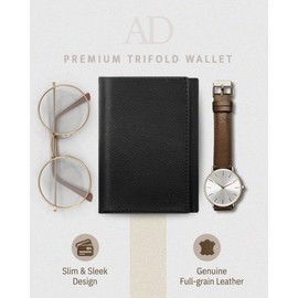 Genuine Leather Wallets For Men - Trifold Mens Wallet With ID Window RFID Blocking,Black Pebble