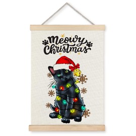 Supwhd Christmas Black Cat Wall Art, Christmas Cat Wall Decor, Merry Christmas Cat Pictures Wall Decor, Christmas Cat Art Wall Decor Framed 12x16 Inches