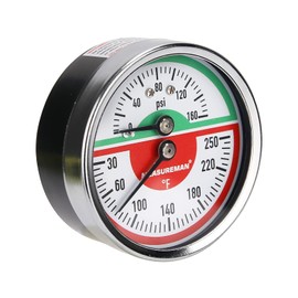 MEASUREMAN Tridicator, Thermo-Manometer Pressure Gauge, 2-1/2", 0-160psi/30-250 deg F, Black Iron Case, 1/4" NPT Back Mount