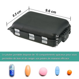 2 Stück Pillendose, Medikamentenbox für Reisen mit 10 Fächern, Mini-Tablettenbox, leicht und robust, Pillendose für Vitamine (schwarz, schwarz)