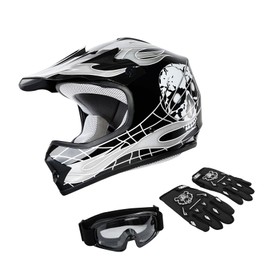 XFMT DOT Youth Kids Motocross Offroad Street Dirt Bike Helmet Youth Motorcycle ATV Helmet with Goggles Gloves Black Skull L