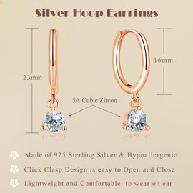 Cangall Silver Hoop Earrings for Women Girls, Rose Gold Drop Hoop Earrings with Zircon Dangling, Hypoallergenic Earrings Rose Gold, Fashion Minimalist Cute Cartilage Silver Sleeper Dangle Earrings
