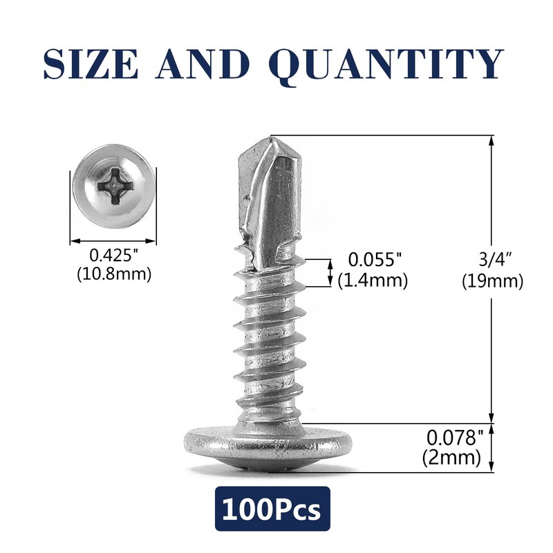 #8 x 3/4" Sheet Metal Screws 100PCS 410 Stainless Steel