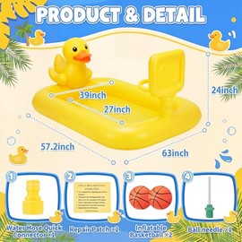 Jenaai Splash Pad for Kids 63" Inflatable Yellow Duck Sprinkler Mat for Toddler 3-in-1 Water Toy with Basketball Game Indoor Outdoor Summer Kiddie Pool Play Center Birthday Gift for Boys Girls