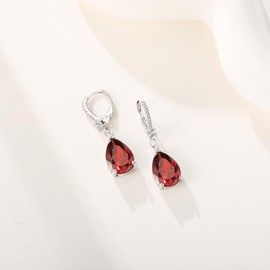 BAMIKI Sterling Silver Teardrop Leverback Dangle Earrings for Women Hypoallergenic, 10×14mm Pear Garnet Red Cubic Zircon Drop Earrings Trendy Jewelry for Sensitive Ears