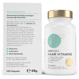 Cosphera Cosphera Haar-Vitamine - Hochdosiert mit Biotin, Selen und Zink als Beitrag zum Erhalt normaler Haare. Plus Folsäure & Hirse Samen Extrakt (reich an Silizium) - 120 vegane Kapseln im 2 Monatsvorrat.