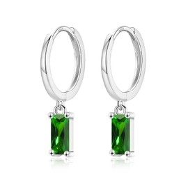 Sterling Silver Hoop Earrings for Women, Small Silver Huggie Hoop Earrings with Baguette Dangle | Hypoallergenic Emerald Green Cubic Zirconia Dangling Cartilage Helix Earring Jewellery Girls Gifts