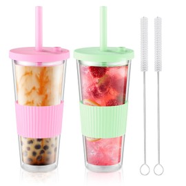 Esilihom 2 Pack Reusable Bubble Tea Cup, 730ml/24oz Wide Mouth Boba Tea Cups, Double Wall Tumbler Drinking Cups with Straw, Leakproof Smoothie Cup for Boba Ice Tea Coffee Drinks(Green&Pink)