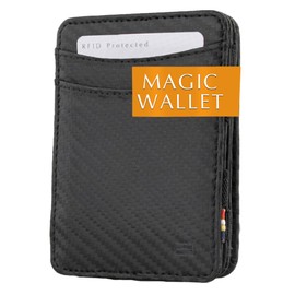 Hunterson Flat Leather Wallet for Men, Magic Wallet with RFID Protection, Wallet with Change and Space for 6 Cards, 05 Carbon, Standard size, rfid wallet