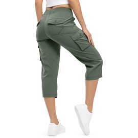 TBMPOY Womens Cargo Capris Hiking Lightweight Pants 6 Pockets Quick Dry Casual Outdoor Trip Loose Shorts Cropped Cotton Army Green L