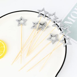 JIHUOO 50 Pcs Christmas Cocktail Picks Wooden Star Food Picks Wood Decorative Toothpicks Fruit Drinks Skewer Sticks Party Supplies for Wedding Baby Shower Silver