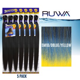 Sensationnel Ruwa prestretched braiding hair - 3x 48 inch water repellent kanekalon fast dry synthetic sports itch free (5 pack, SM1B/DBLUE/YELLOW)