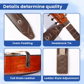 Full Grain Cowhide Leather Guitar Strap Thickened Air Cushion Top Leather Padded Strap for Acoustic Electric Guitar Bass (Y-034 Brown)
