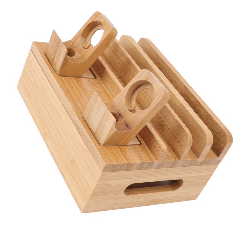 Bamboo Charging Station Multifunction 5 Ports Charging Station Rack for