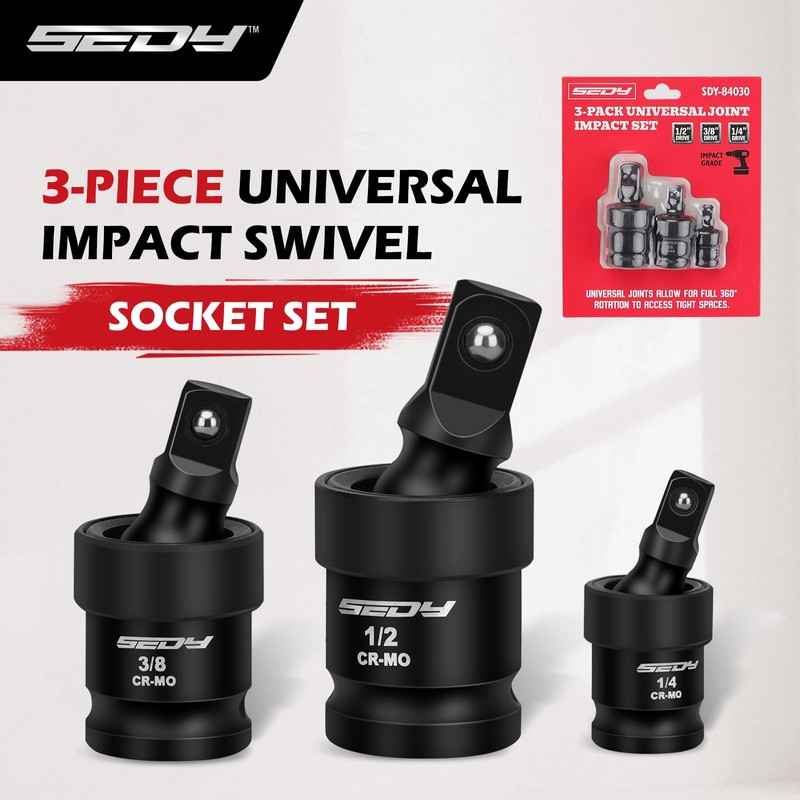 Impact Universal Joint-Socket Swivel Set: 3-Piece 1/2", 3/8", 1/4" Flexible