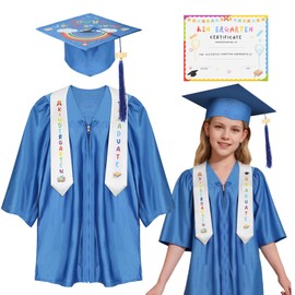 CHCLACE Kindergarten graduation cap and gown - 2025 5-in-1 preschool graduate set, Includes: gown, next stop 1st grade cap, graduate stole, 2025 tassel, graduation certificate, Blue, Small/27 inches