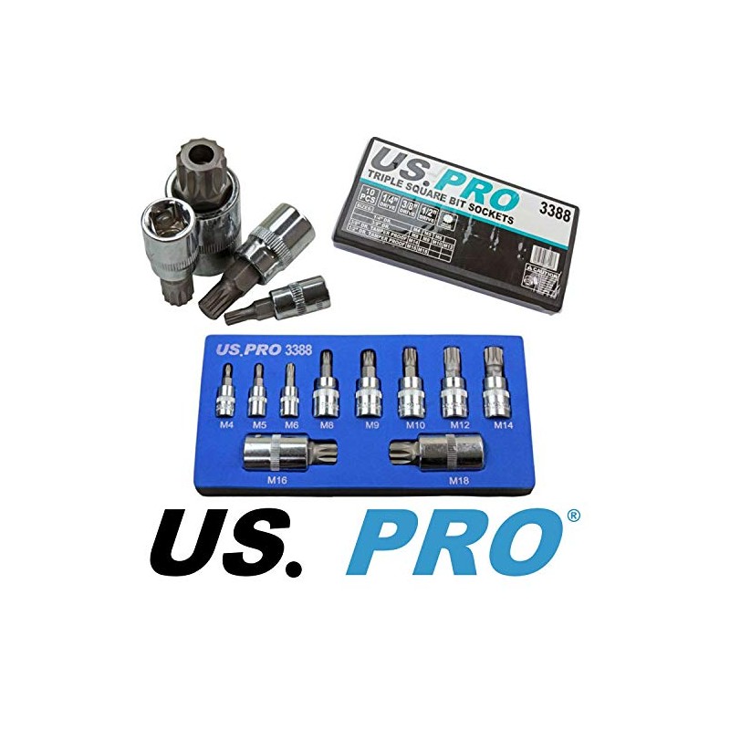 US PRO 10pc 1/4" 3/8" 1/2" Drive Triple Square Spline