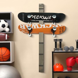 MyGift 6 Skateboards Wall Mount Stand, Gray Wood Longboard Wall Hanger Display Rack with Diagonal Cutout Slots