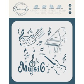 Stencil Company Music Stencil, 21.5 x 21.5 cm (L) - Mixed Media Piano Guitar Words Musical Notes Stencils for Painting Template