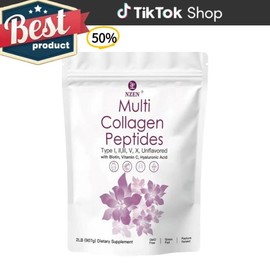 Multi Collagen Peptides Powder - Type l ll lll V X withHyaluronic Acid Biotin & Vitamin C for Firmer Skin StrongerBones & Tougher Nails Unflavored US Made Healthcare Fitness Supplement Hair Healthy Beauty Dietary Edible:_1LB