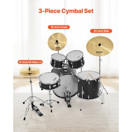 VEVOR Cymbal Pack, 3 Pieces Cymbals for Drum Set, Alloy Cymbals Drum Set Includes 14-inch Hi-Hats, 16-inch Crash, 20-inch Ride, Drumsticks & Cymbal Bag, Alloy Cymbal Pack for Drummer, Bright Copper