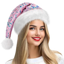 Hikkcos Christmas Pink Glitter Santa Hat Sequin Santa Hat Bling Santa Hat Glittery Sparkly Santa Hat for Adults New Year Xmas Festival Party