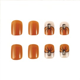BFY Fall Press on Nails Short Square Fake Nails, Orange Pumpkin Gold Glitter Acrylic Nails, Natural Fit Glossy Gel Manicure Stick on Nails with Glue, Thanksgiving False Nails Kit 12Sizes 24Pcs