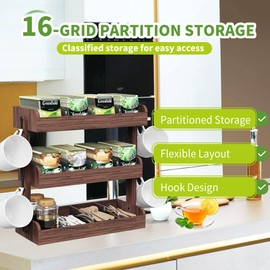BEGULF 3 Tier Tea Bag Organizer - Wall-Mounted Holder with Partitions, 4 Hooks, Wooden Tea Box for Office, Kitchen, Cabinet, Pantry