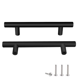 Drenky 2 Pack Kitchen Door Handles, Kitchen Cupboard Handles Stainless Steel Black T Bar Handles 128mm Hole Centre Cabinet Handles with Screws for Wardrobe Cabinet Drawer