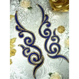 Unbranded GB89 MIRROR PAIR Blue Gold Metallic Iron On Designer Embroidered Appliques