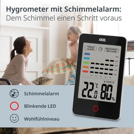 ADE Digital Hygrometer Indoor with Mould Alarm | Moisture Meter with Thermometer | Temperature and Humidity Meter | Large LCD Display | Black