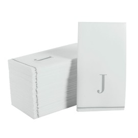 Luxe Party 56 Pack Monogram Napkins, Letter J Initial, Disposable, Premium Airlaid, Linen Feel, Decorative Table Setting, Guest Towel Napkin, White and Silver